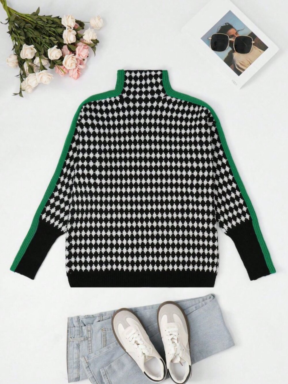 Multicolor Casual Women's Patchwork Turtleneck Loose Long Sleeve Sweater - Picture 2 of 4